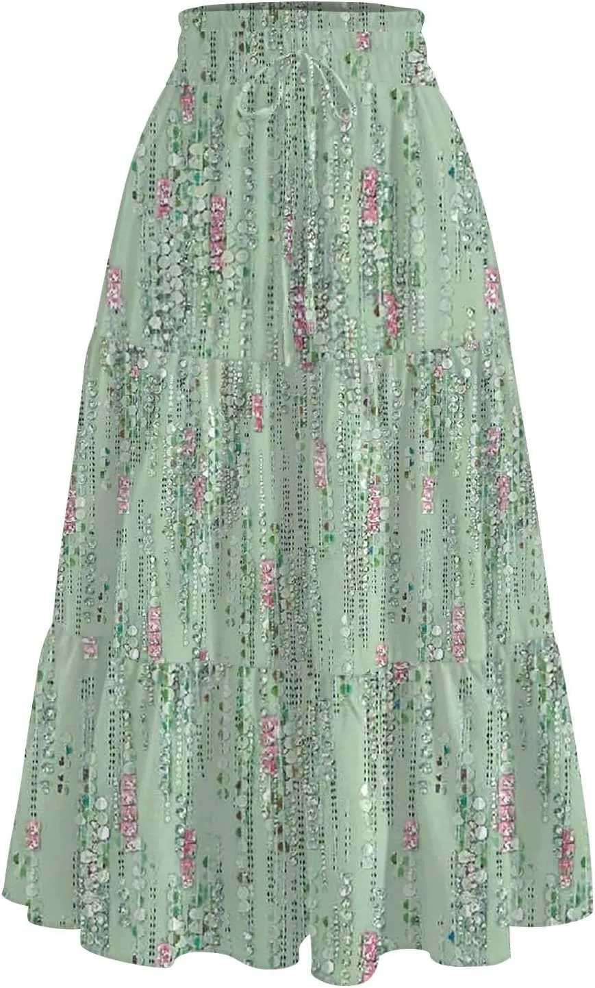 Womens Midi Skirt Elastic High Waist Pleated A-Line Flowy Skirts Boho Floral Printed Ruffle Tiered Beach Skorts