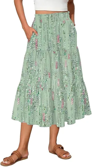 Womens Midi Skirt Elastic High Waist Pleated A-Line Flowy Skirts Boho Floral Printed Ruffle Tiered Beach Skorts