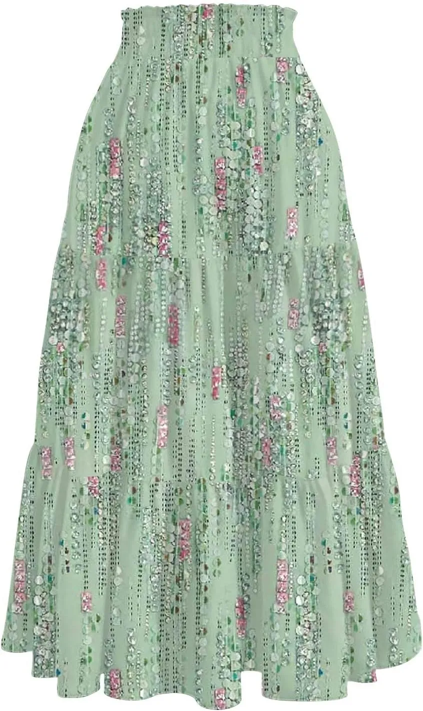 Womens Midi Skirt Elastic High Waist Pleated A-Line Flowy Skirts Boho Floral Printed Ruffle Tiered Beach Skorts