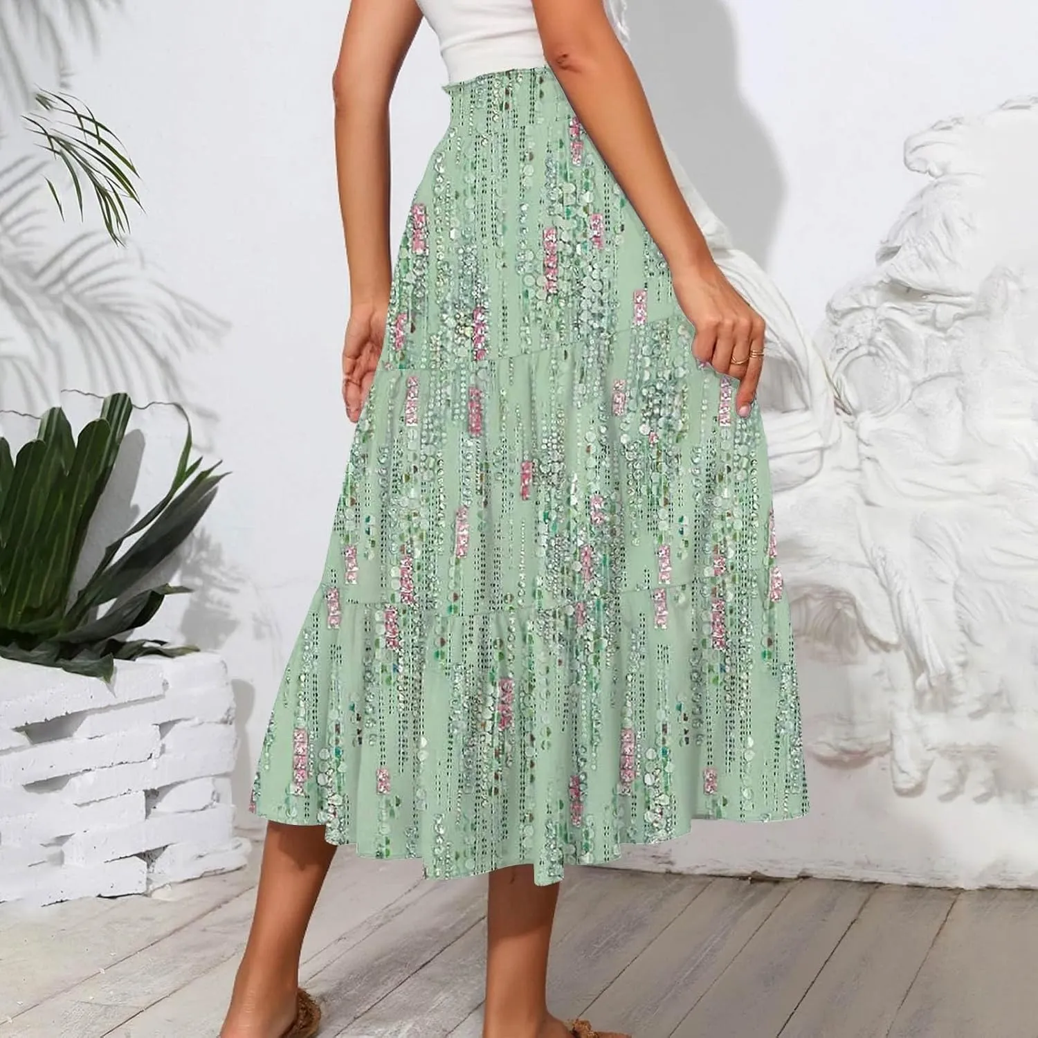 Womens Midi Skirt Elastic High Waist Pleated A-Line Flowy Skirts Boho Floral Printed Ruffle Tiered Beach Skorts