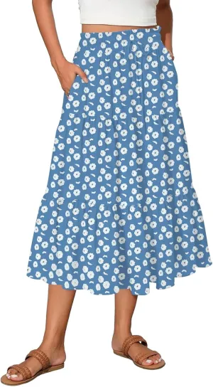 Womens Midi Skirt Elastic High Waist Pleated A-Line Flowy Skirts Boho Floral Printed Ruffle Tiered Beach Skorts