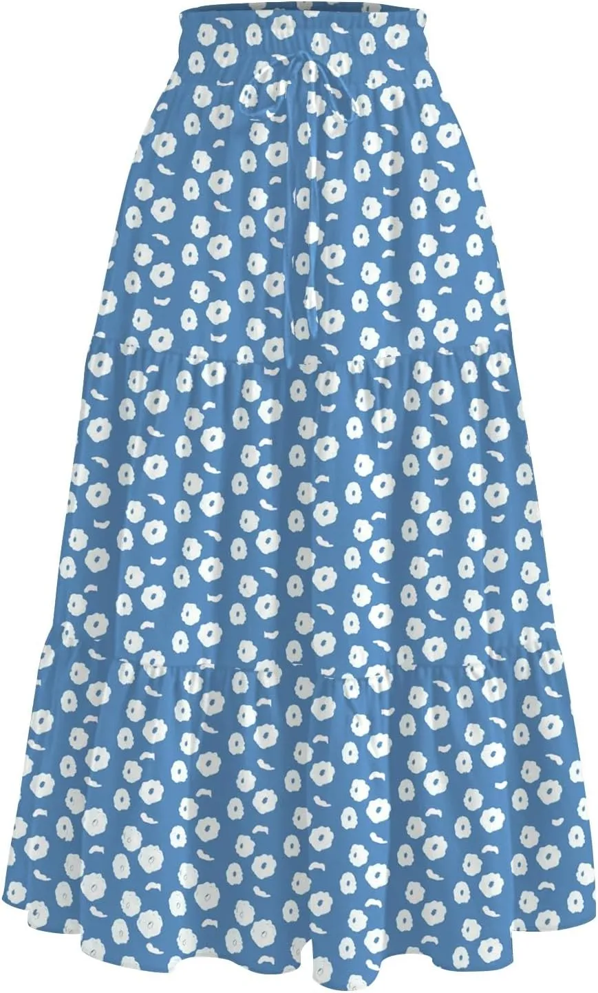 Womens Midi Skirt Elastic High Waist Pleated A-Line Flowy Skirts Boho Floral Printed Ruffle Tiered Beach Skorts