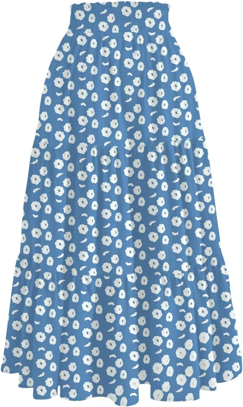 Womens Midi Skirt Elastic High Waist Pleated A-Line Flowy Skirts Boho Floral Printed Ruffle Tiered Beach Skorts
