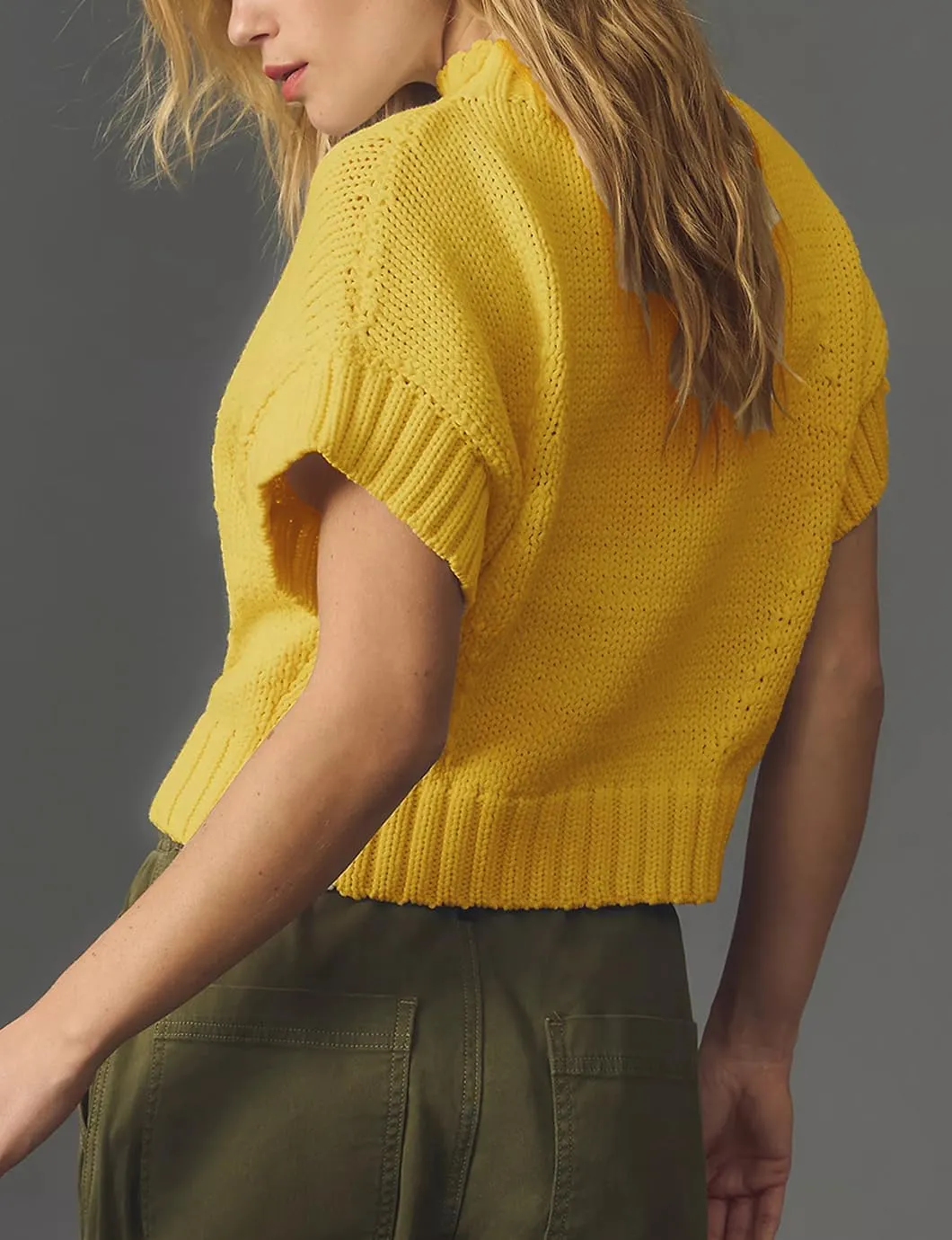 Women's Mock Neck Cap Sleeve Sweater Vest Casual Solid Cropped Tank Tops Pullover Sweaters