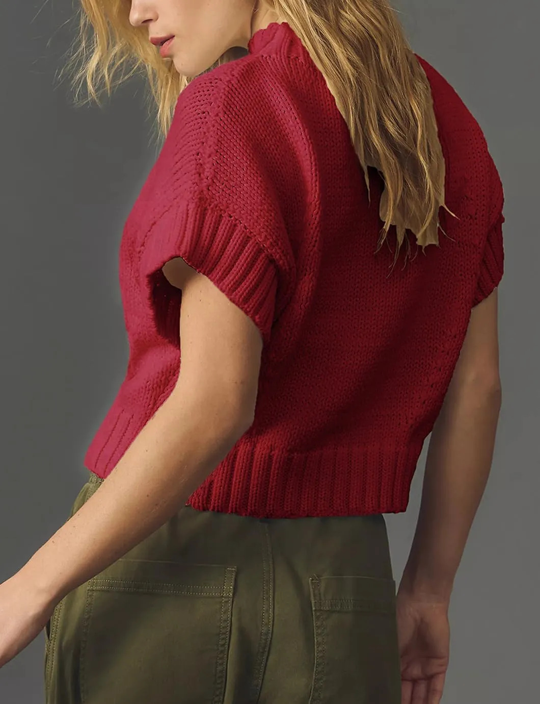 Women's Mock Neck Cap Sleeve Sweater Vest Casual Solid Cropped Tank Tops Pullover Sweaters
