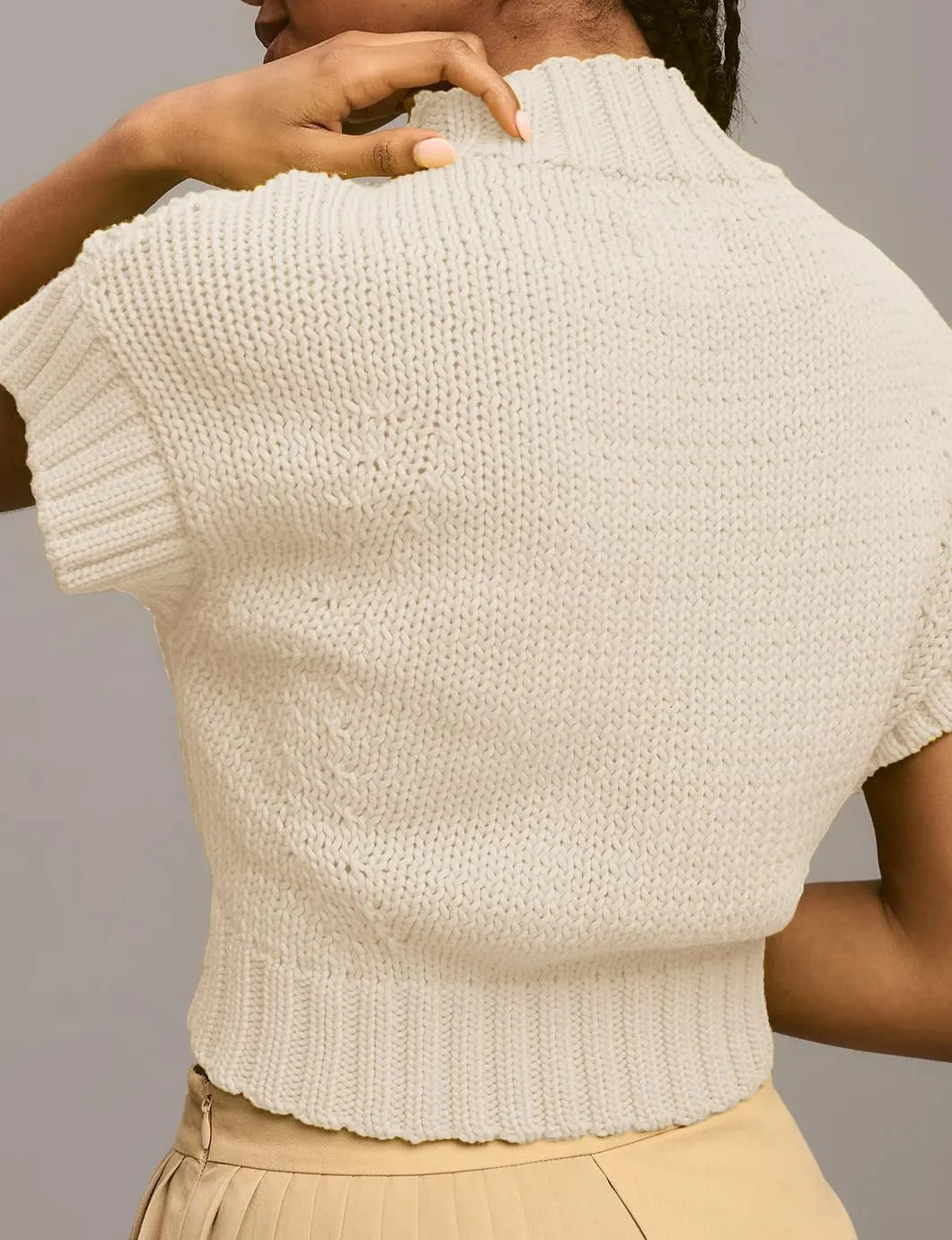 Women's Mock Neck Cap Sleeve Sweater Vest Casual Solid Cropped Tank Tops Pullover Sweaters
