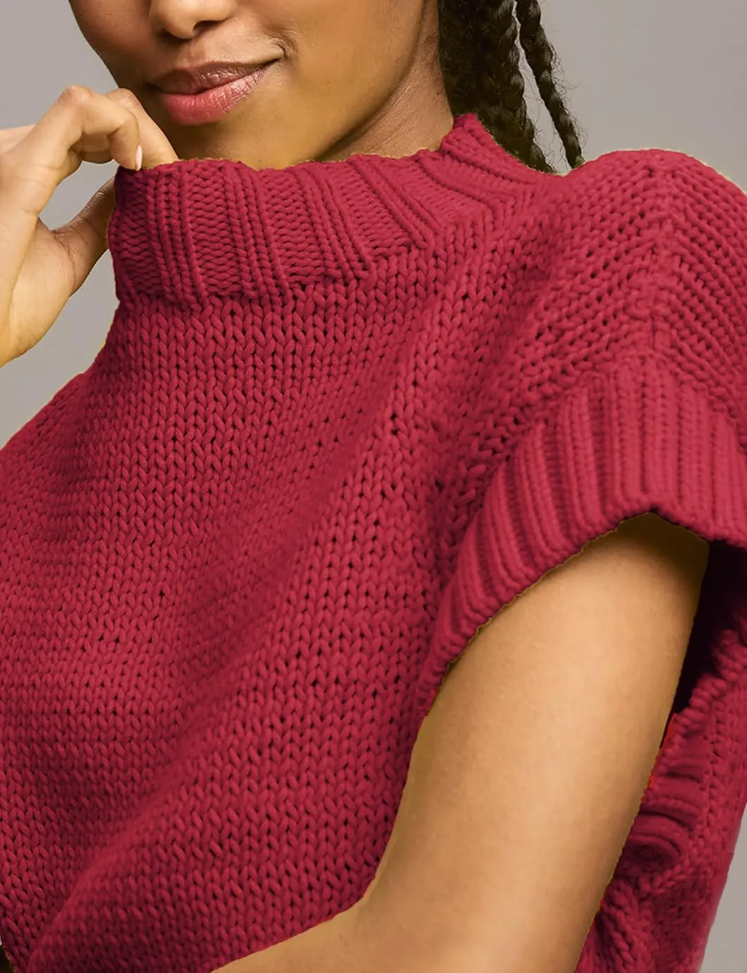 Women's Mock Neck Cap Sleeve Sweater Vest Casual Solid Cropped Tank Tops Pullover Sweaters
