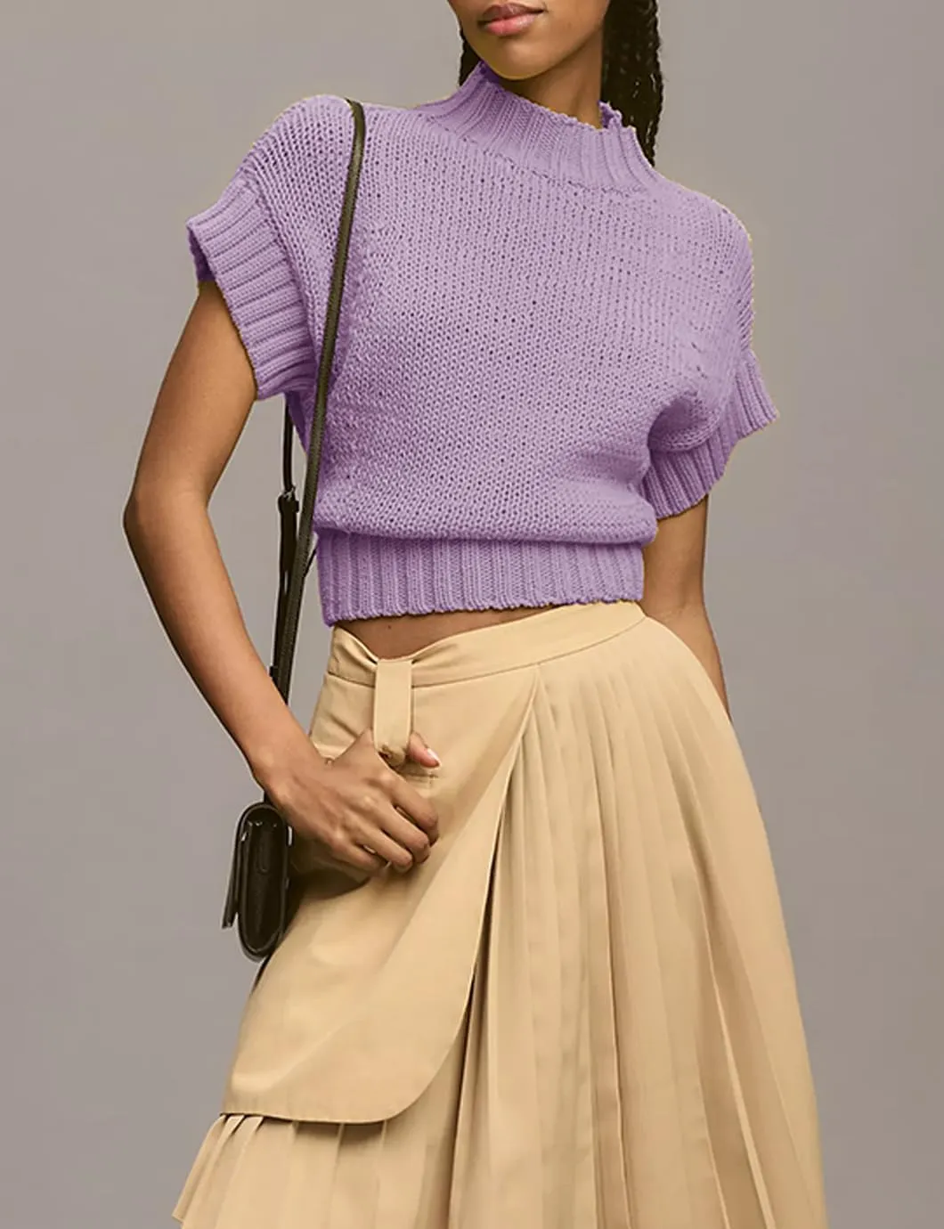 Women's Mock Neck Cap Sleeve Sweater Vest Casual Solid Cropped Tank Tops Pullover Sweaters