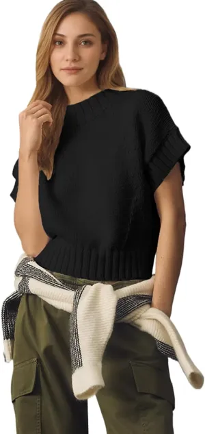 Women's Mock Neck Cap Sleeve Sweater Vest Casual Solid Cropped Tank Tops Pullover Sweaters