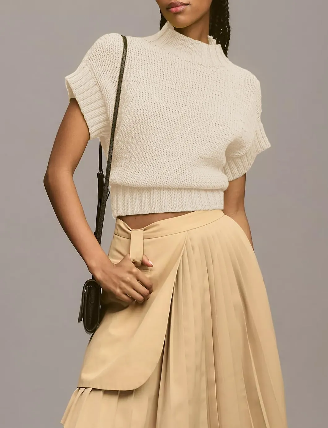 Women's Mock Neck Cap Sleeve Sweater Vest Casual Solid Cropped Tank Tops Pullover Sweaters