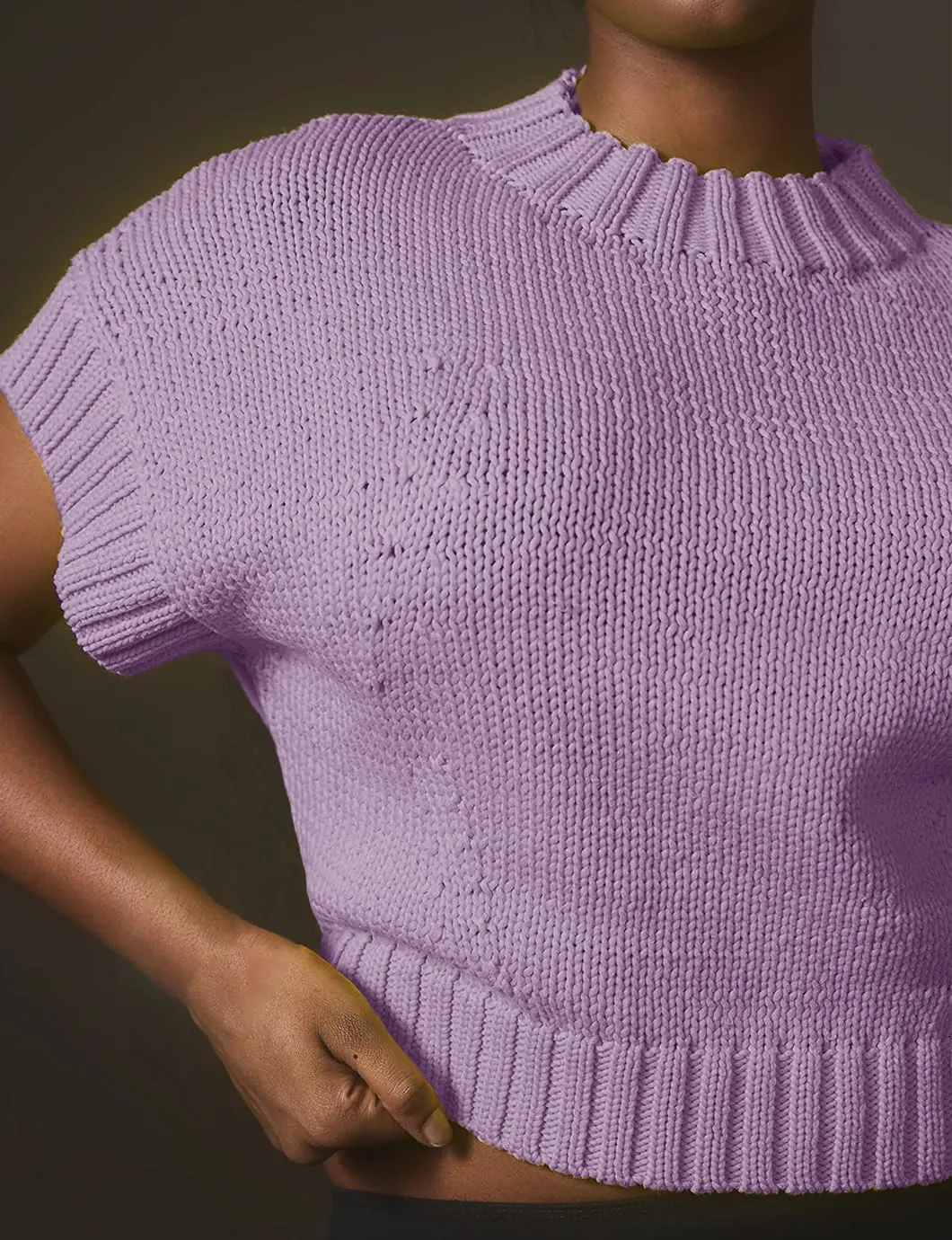 Women's Mock Neck Cap Sleeve Sweater Vest Casual Solid Cropped Tank Tops Pullover Sweaters