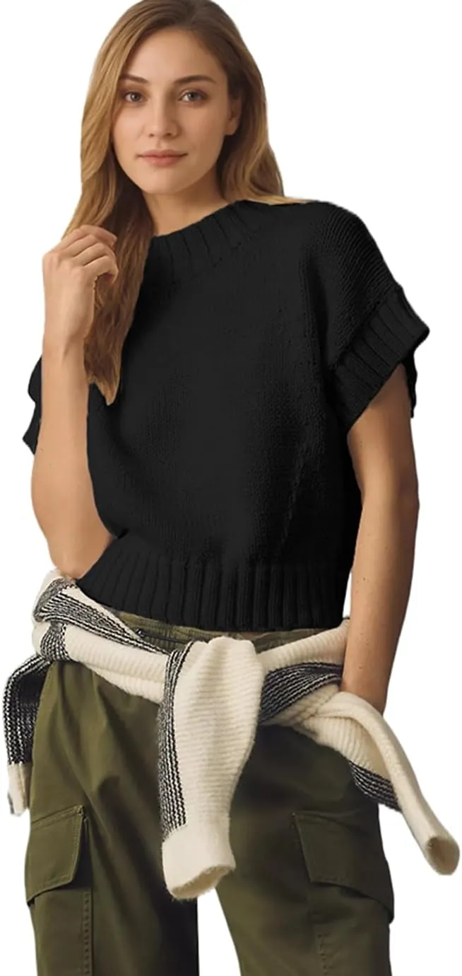 Women's Mock Neck Cap Sleeve Sweater Vest Casual Solid Cropped Tank Tops Pullover Sweaters