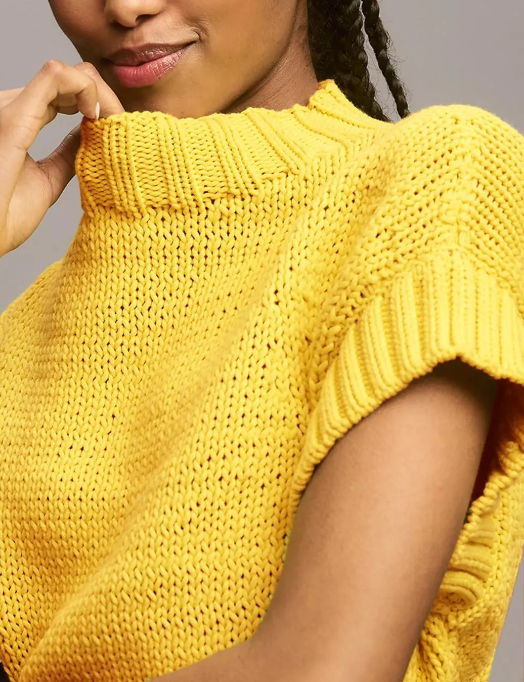 Women's Mock Neck Cap Sleeve Sweater Vest Casual Solid Cropped Tank Tops Pullover Sweaters