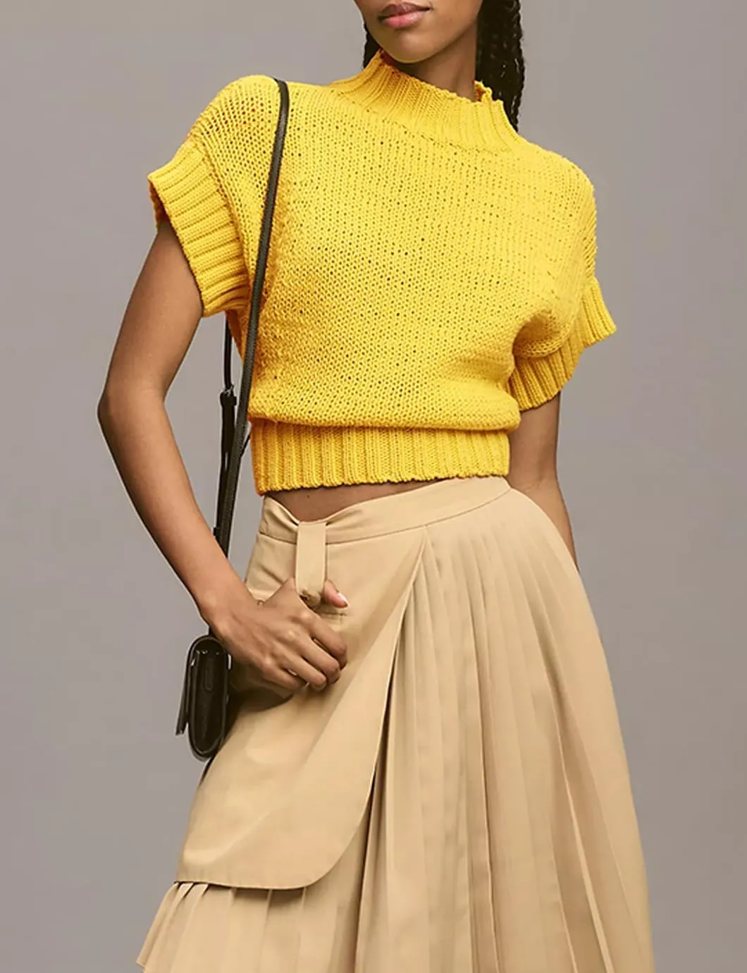 Women's Mock Neck Cap Sleeve Sweater Vest Casual Solid Cropped Tank Tops Pullover Sweaters
