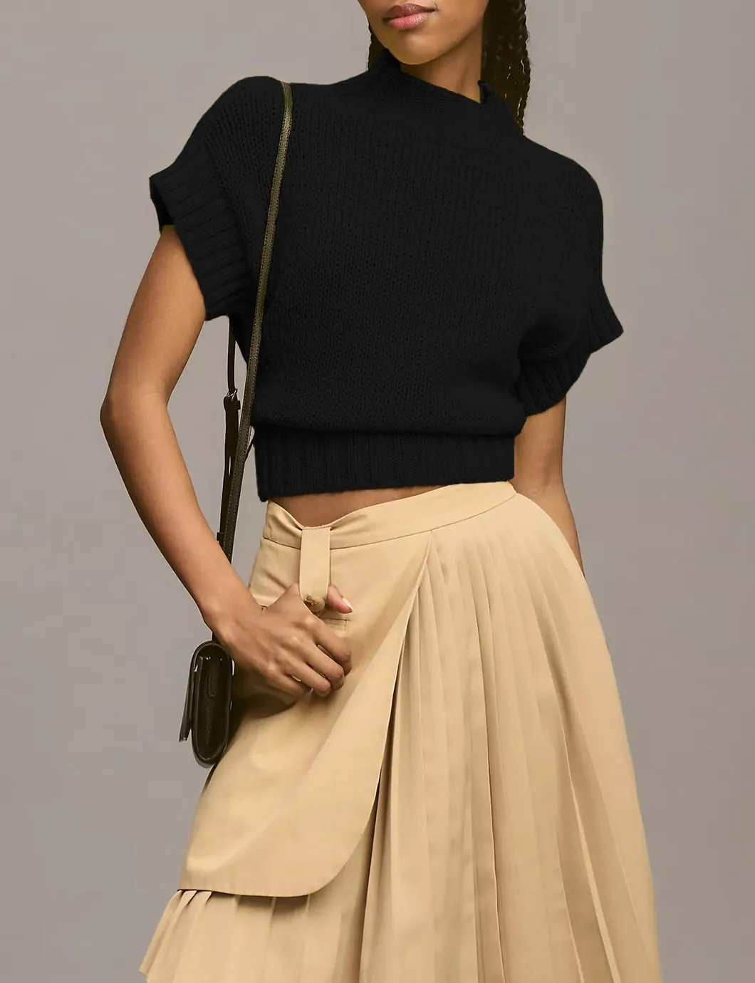 Women's Mock Neck Cap Sleeve Sweater Vest Casual Solid Cropped Tank Tops Pullover Sweaters