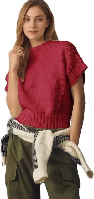Women's Mock Neck Cap Sleeve Sweater Vest Casual Solid Cropped Tank Tops Pullover Sweaters