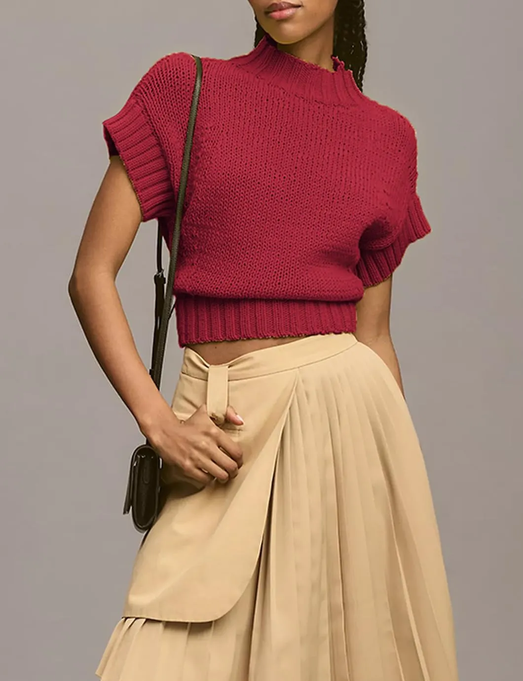 Women's Mock Neck Cap Sleeve Sweater Vest Casual Solid Cropped Tank Tops Pullover Sweaters