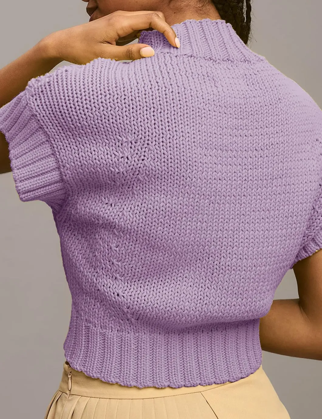 Women's Mock Neck Cap Sleeve Sweater Vest Casual Solid Cropped Tank Tops Pullover Sweaters