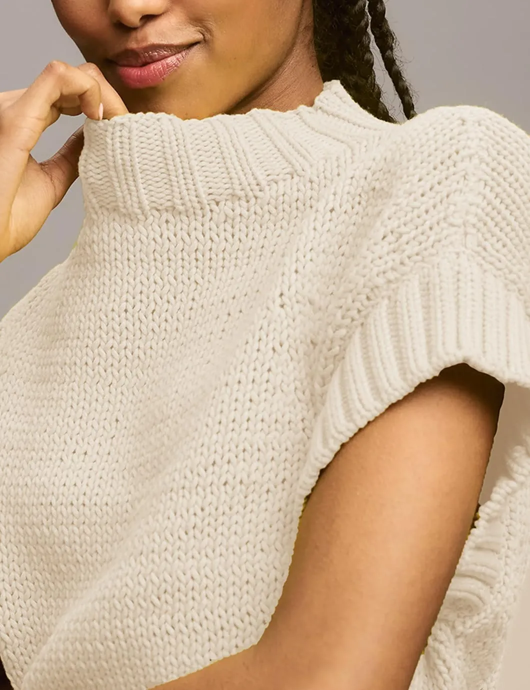 Women's Mock Neck Cap Sleeve Sweater Vest Casual Solid Cropped Tank Tops Pullover Sweaters