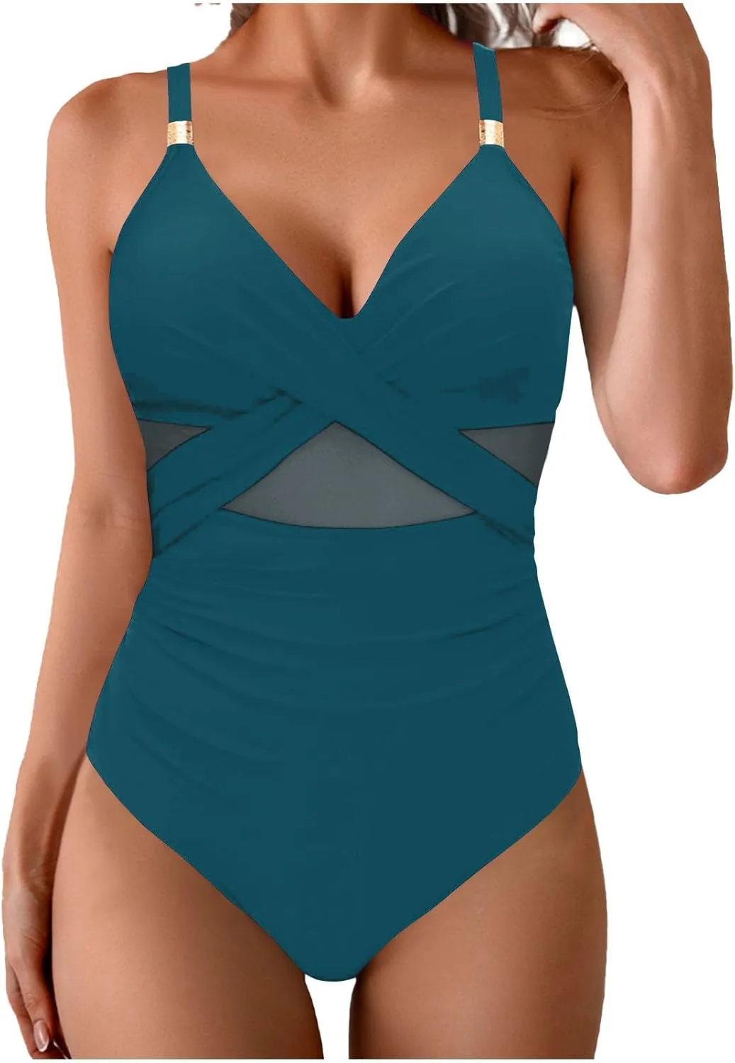 Womens One Piece Swimsuit Modest Tummy Control Bathing Suit Slimming Full Coverage Mesh V-Neck Strap Swim Suits