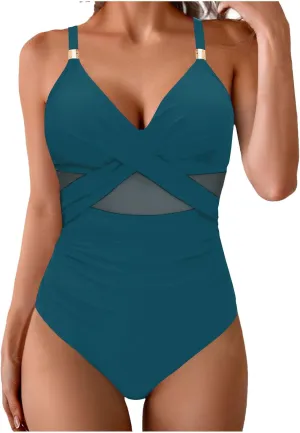 Womens One Piece Swimsuit Modest Tummy Control Bathing Suit Slimming Full Coverage Mesh V-Neck Strap Swim Suits