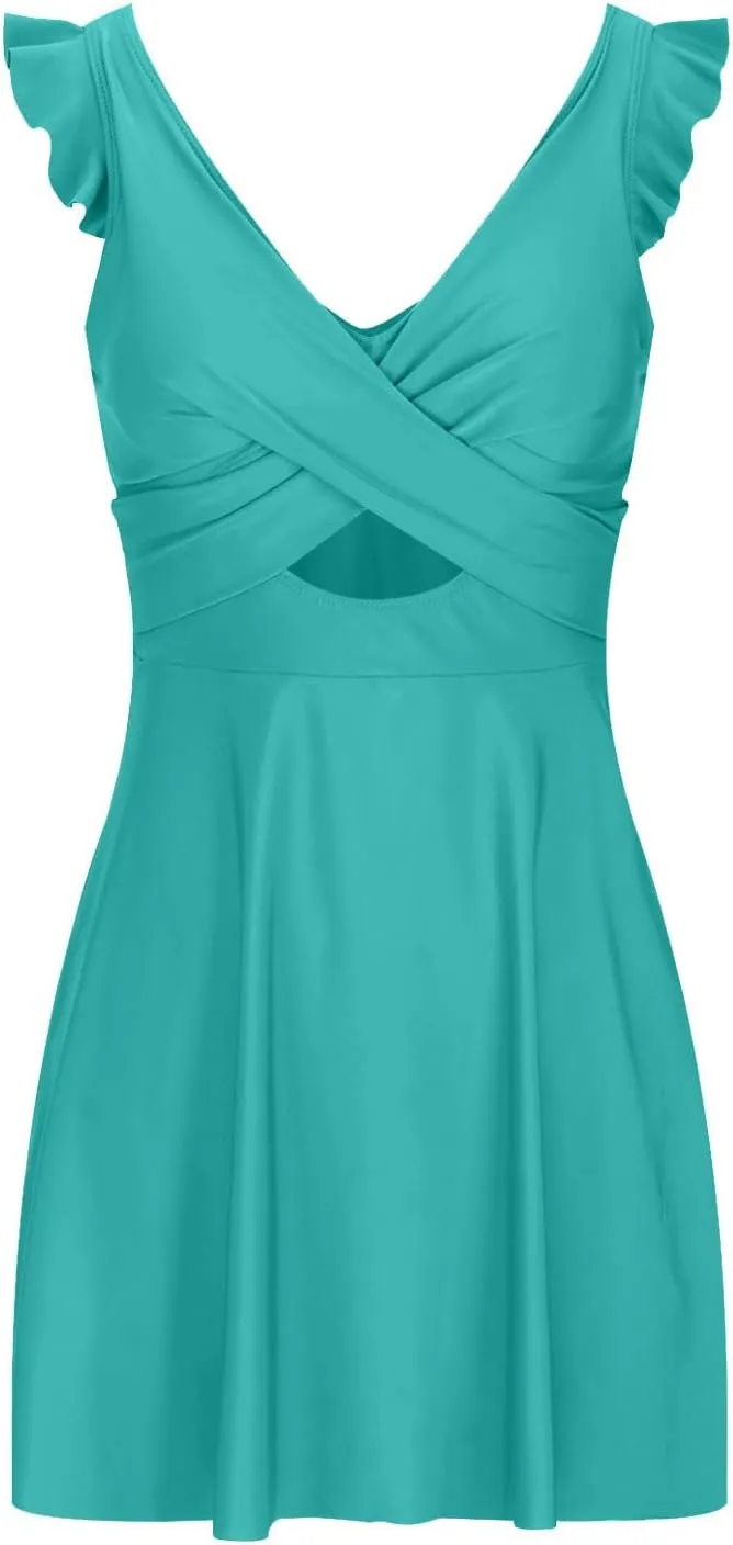 Womens One Piece Swimsuits Swimdress Ruffle Tummy Control Cutout Crossover V Neck Backless Bathing Suit Sexy Swimwear