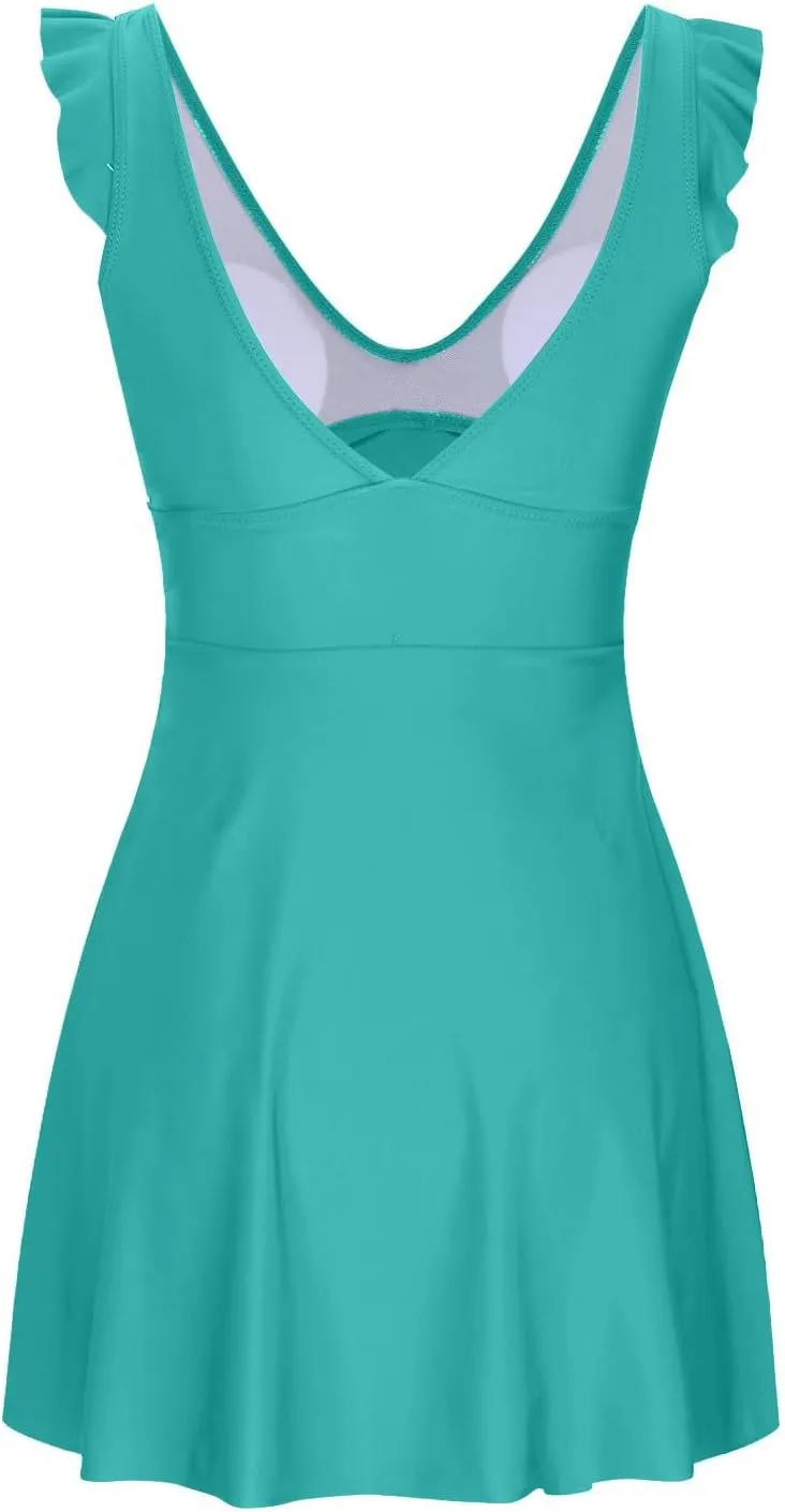 Womens One Piece Swimsuits Swimdress Ruffle Tummy Control Cutout Crossover V Neck Backless Bathing Suit Sexy Swimwear