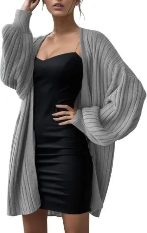 Women's Oversized Sleeve Knitted Cardigan Autumn/Winter Sweater Coat for Plus Size Button up Cardigan (03-Grey, XL)