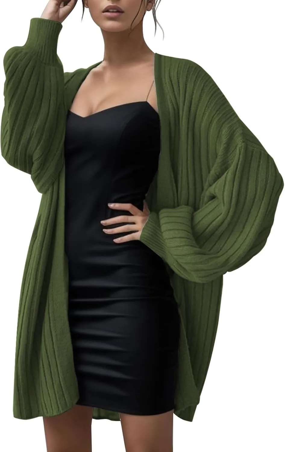 Women's Oversized Sleeve Knitted Cardigan Autumn/Winter Sweater Coat for Plus Size Sweaters Women Cardigan (03-Green, M)