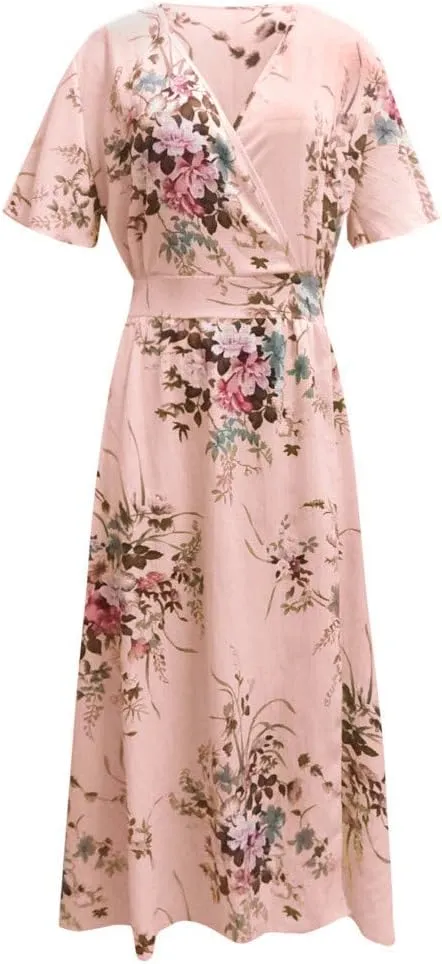 Womens Plus Size Summer Dress Short Sleeve Casual Floral Maxi Dresses High Waist Cocktail Flowy Wrap Sundress
