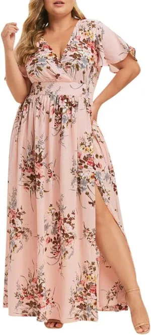 Womens Plus Size Summer Dress Short Sleeve Casual Floral Maxi Dresses High Waist Cocktail Flowy Wrap Sundress