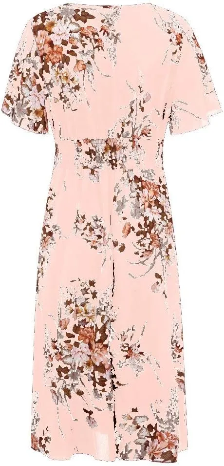 Womens Plus Size Summer Dress Short Sleeve Casual Floral Maxi Dresses High Waist Cocktail Flowy Wrap Sundress