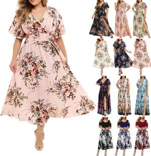 Womens Plus Size Summer Dress Short Sleeve Casual Floral Maxi Dresses High Waist Cocktail Flowy Wrap Sundress