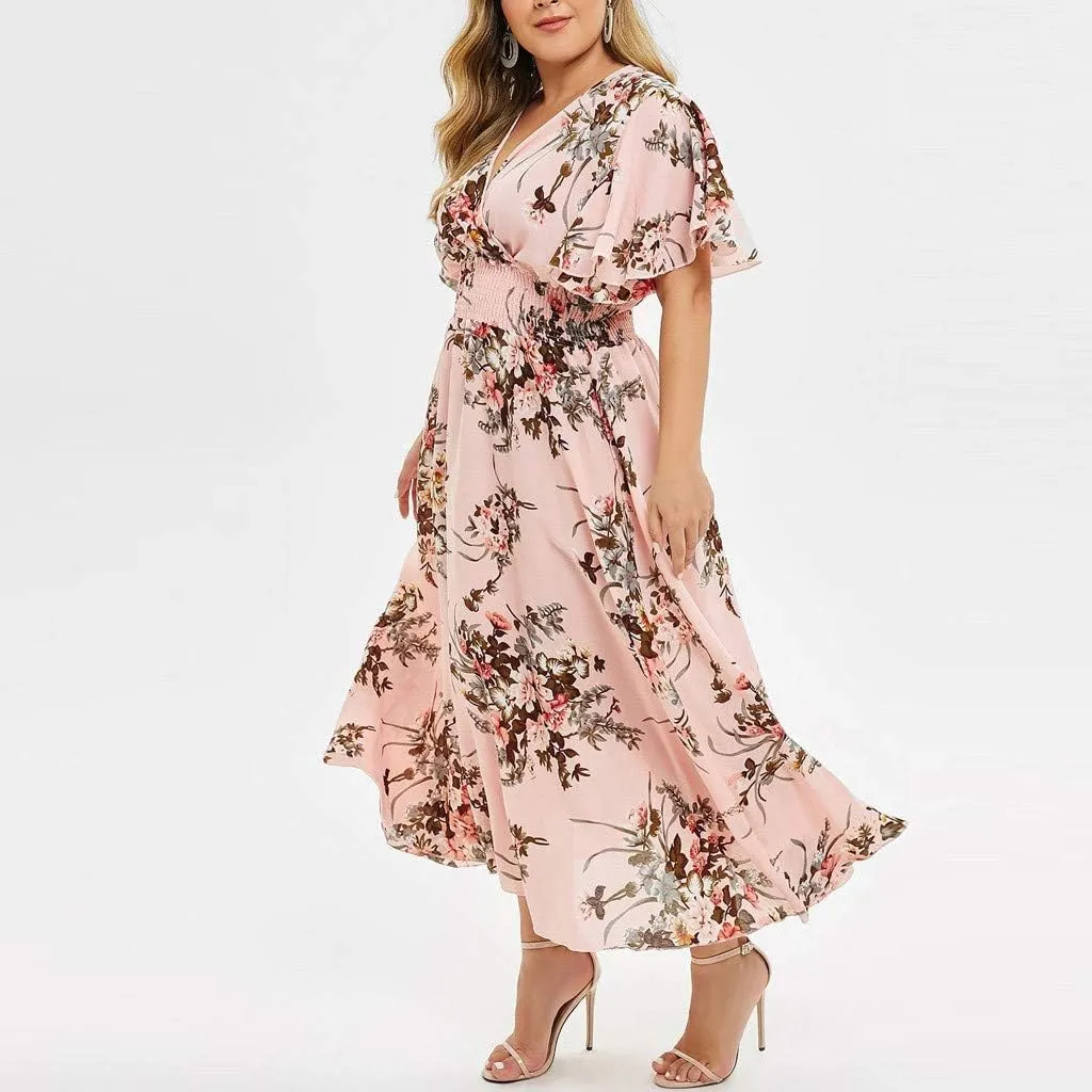 Womens Plus Size Summer Dress Short Sleeve Casual Floral Maxi Dresses High Waist Cocktail Flowy Wrap Sundress