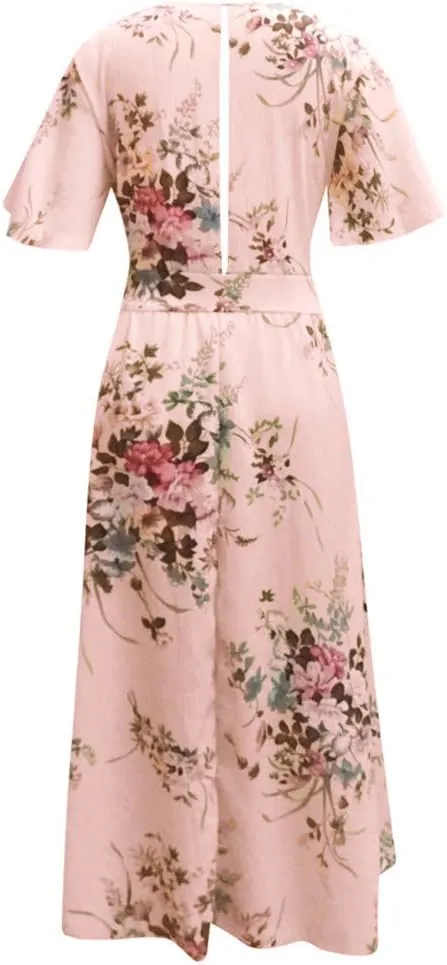 Womens Plus Size Summer Dress Short Sleeve Casual Floral Maxi Dresses High Waist Cocktail Flowy Wrap Sundress