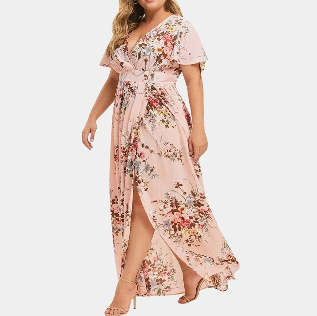 Womens Plus Size Summer Dress Short Sleeve Casual Floral Maxi Dresses High Waist Cocktail Flowy Wrap Sundress