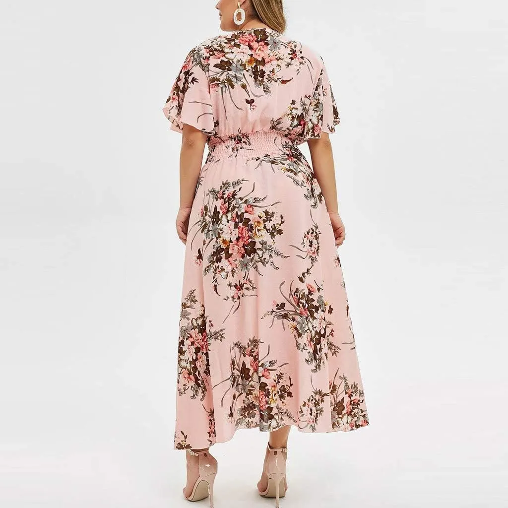 Womens Plus Size Summer Dress Short Sleeve Casual Floral Maxi Dresses High Waist Cocktail Flowy Wrap Sundress