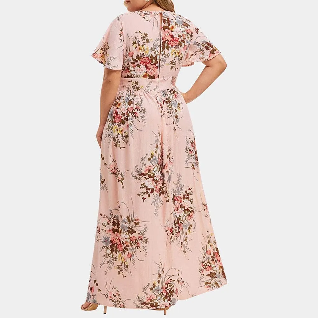 Womens Plus Size Summer Dress Short Sleeve Casual Floral Maxi Dresses High Waist Cocktail Flowy Wrap Sundress