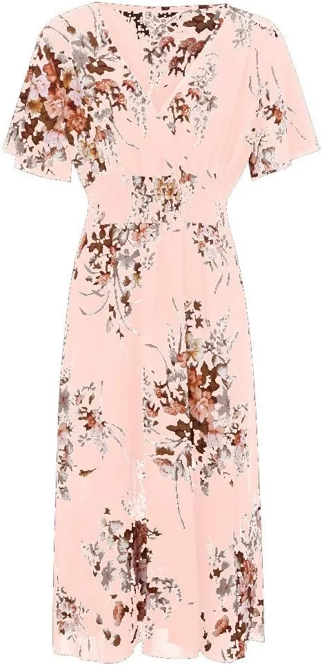 Womens Plus Size Summer Dress Short Sleeve Casual Floral Maxi Dresses High Waist Cocktail Flowy Wrap Sundress