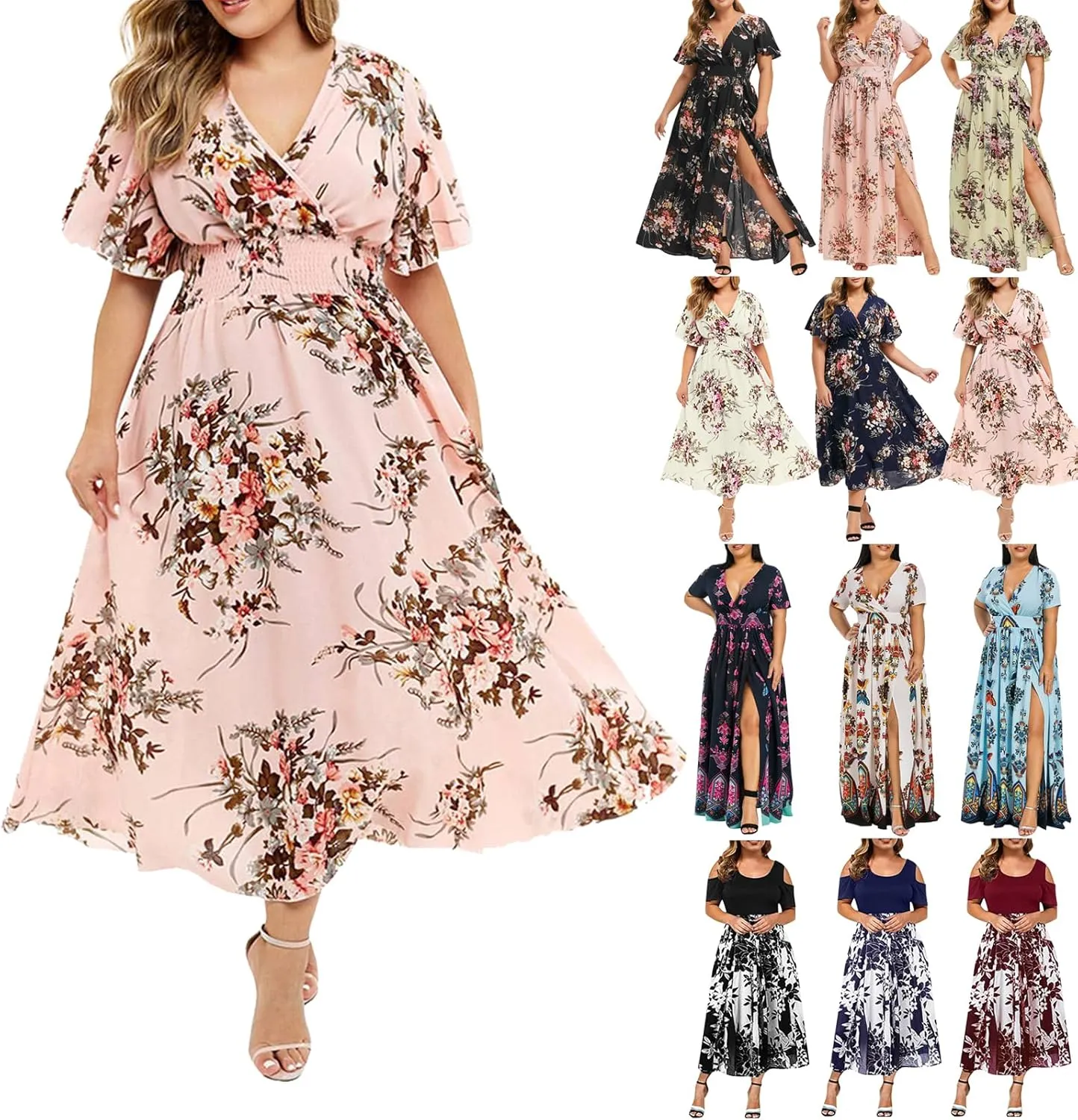 Womens Plus Size Summer Dress Short Sleeve Casual Floral Maxi Dresses High Waist Cocktail Flowy Wrap Sundress