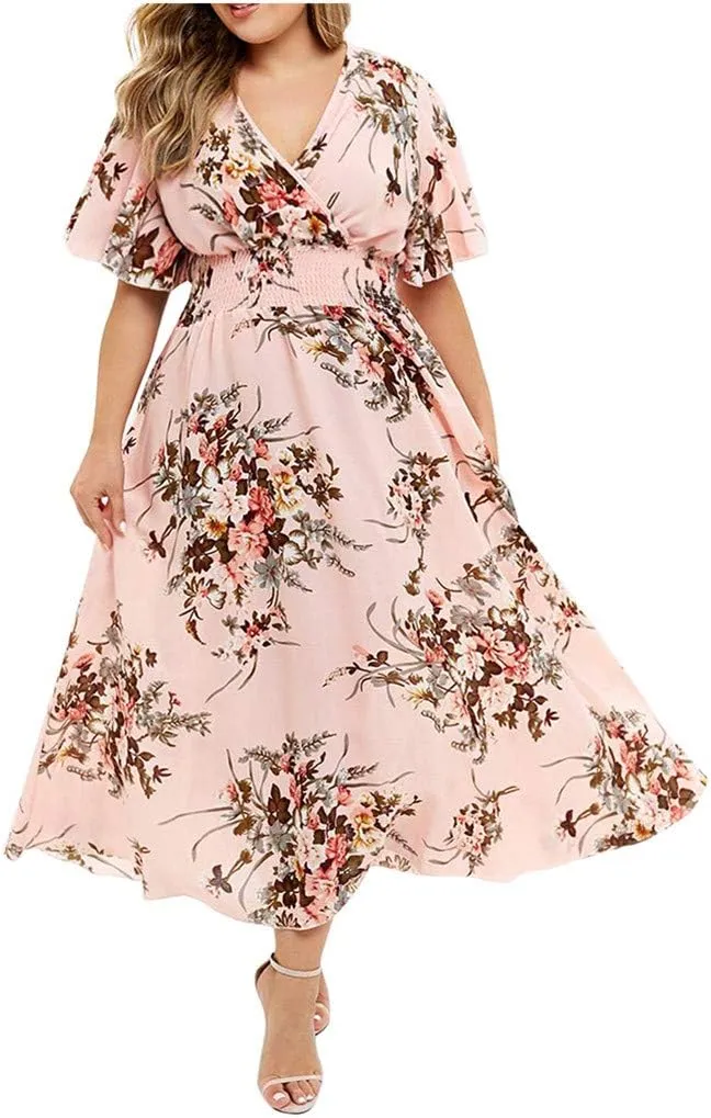 Womens Plus Size Summer Dress Short Sleeve Casual Floral Maxi Dresses High Waist Cocktail Flowy Wrap Sundress