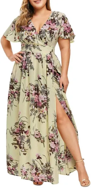Womens Plus Size Summer Dress Short Sleeve Casual Floral Maxi Dresses High Waist Cocktail Flowy Wrap Sundress