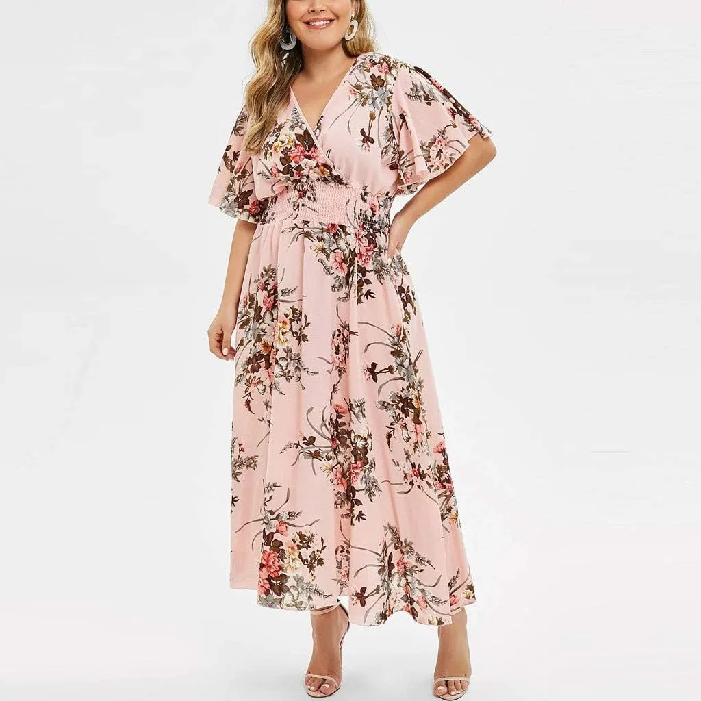 Womens Plus Size Summer Dress Short Sleeve Casual Floral Maxi Dresses High Waist Cocktail Flowy Wrap Sundress