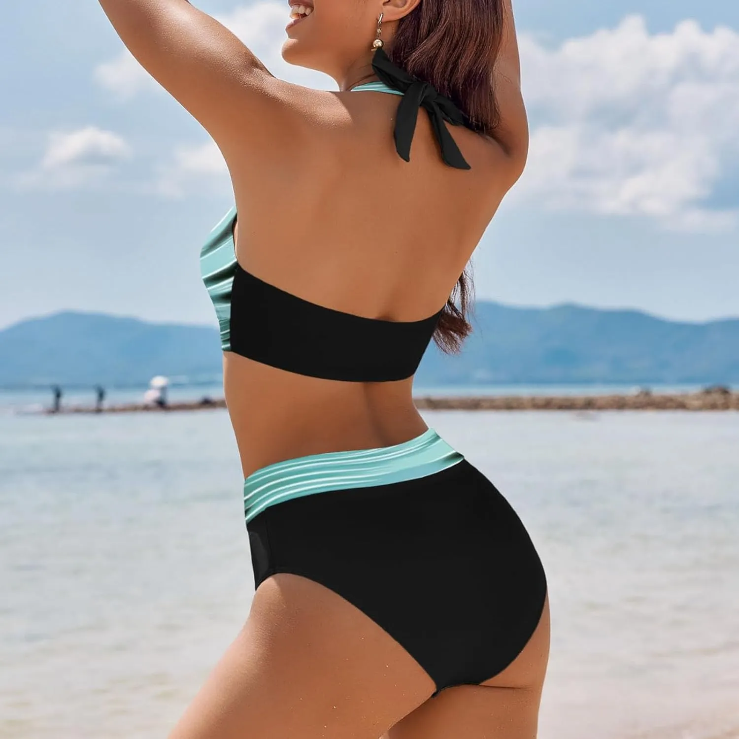 Womens Retro Printed Bikini Sets Color Block Criss Cross 2 Piece Swimsuit 2025 Fashion Sexy Beachwear Bathing Suit