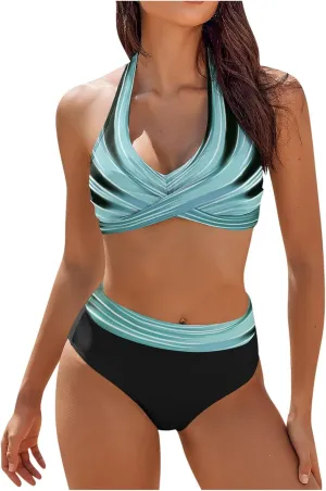 Womens Retro Printed Bikini Sets Color Block Criss Cross 2 Piece Swimsuit 2025 Fashion Sexy Beachwear Bathing Suit