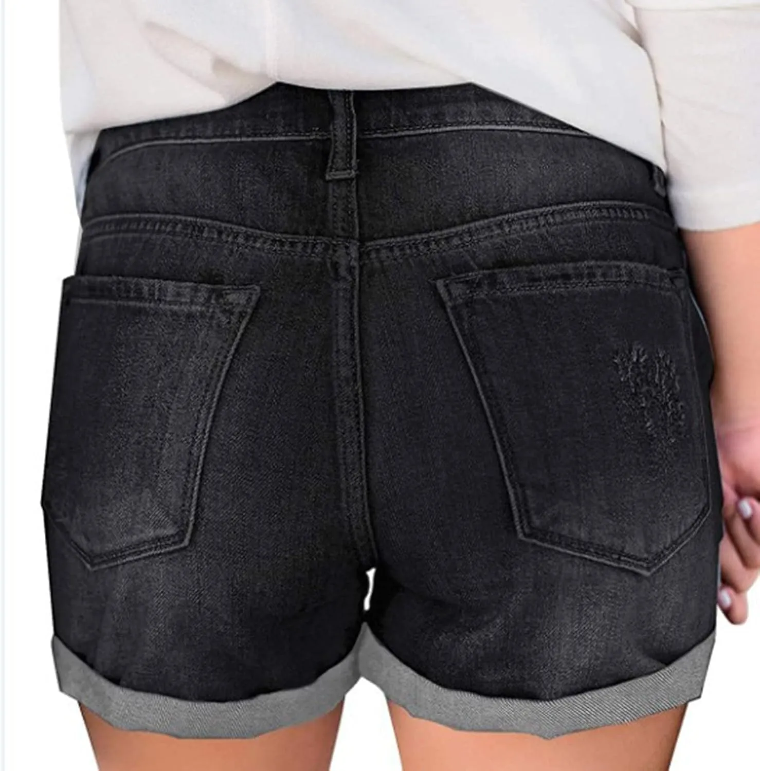 Women's Ripped Denim Shorts High Waisted Stretchy Cuffed Hem Jean Shorts Summer Trendy Short Pants with Pockets