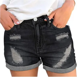 Women's Ripped Denim Shorts High Waisted Stretchy Cuffed Hem Jean Shorts Summer Trendy Short Pants with Pockets