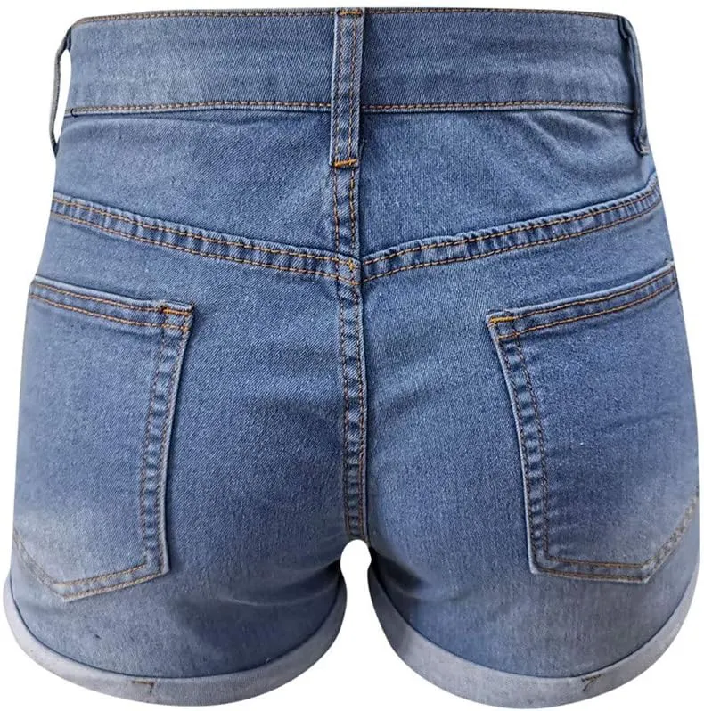 Womens Ripped Denim Shorts Mid Rise Stretchy Distressed Jean Shorts Casual Trendy Frayed Raw Hem Summer Mini Shorts