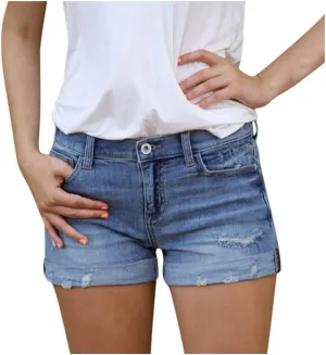Womens Ripped Denim Shorts Mid Rise Stretchy Distressed Jean Shorts Casual Trendy Frayed Raw Hem Summer Mini Shorts