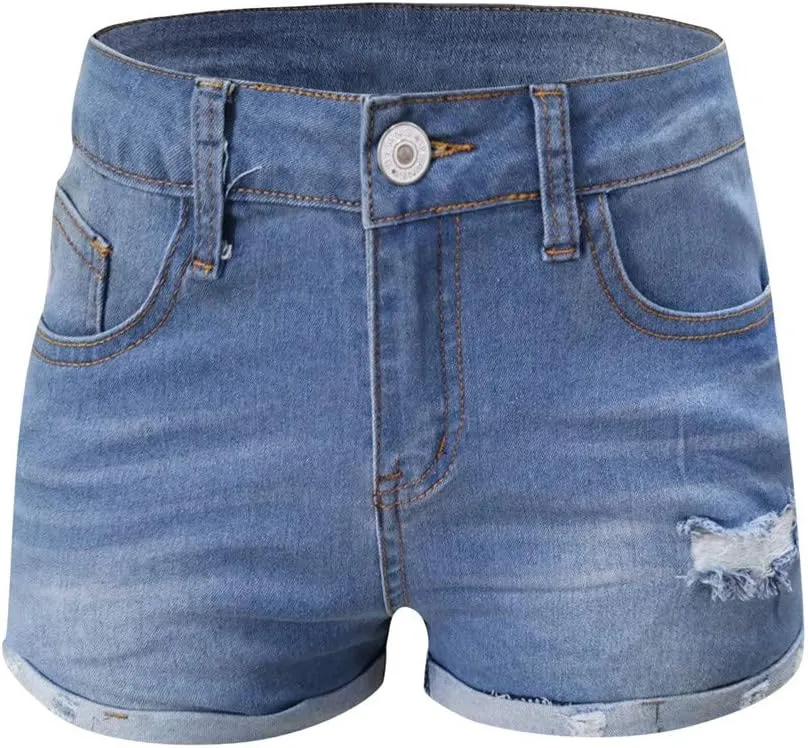 Womens Ripped Denim Shorts Mid Rise Stretchy Distressed Jean Shorts Casual Trendy Frayed Raw Hem Summer Mini Shorts